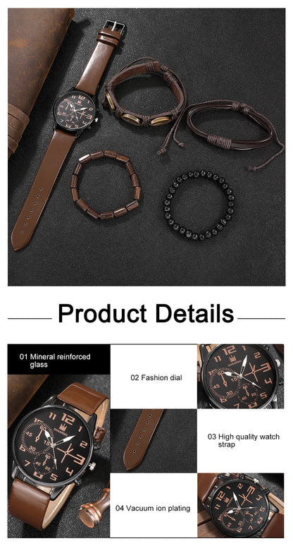 Men’s Fashion Watch & Bracelet Set – 5PCS Retro Quartz Leather Wristwatch