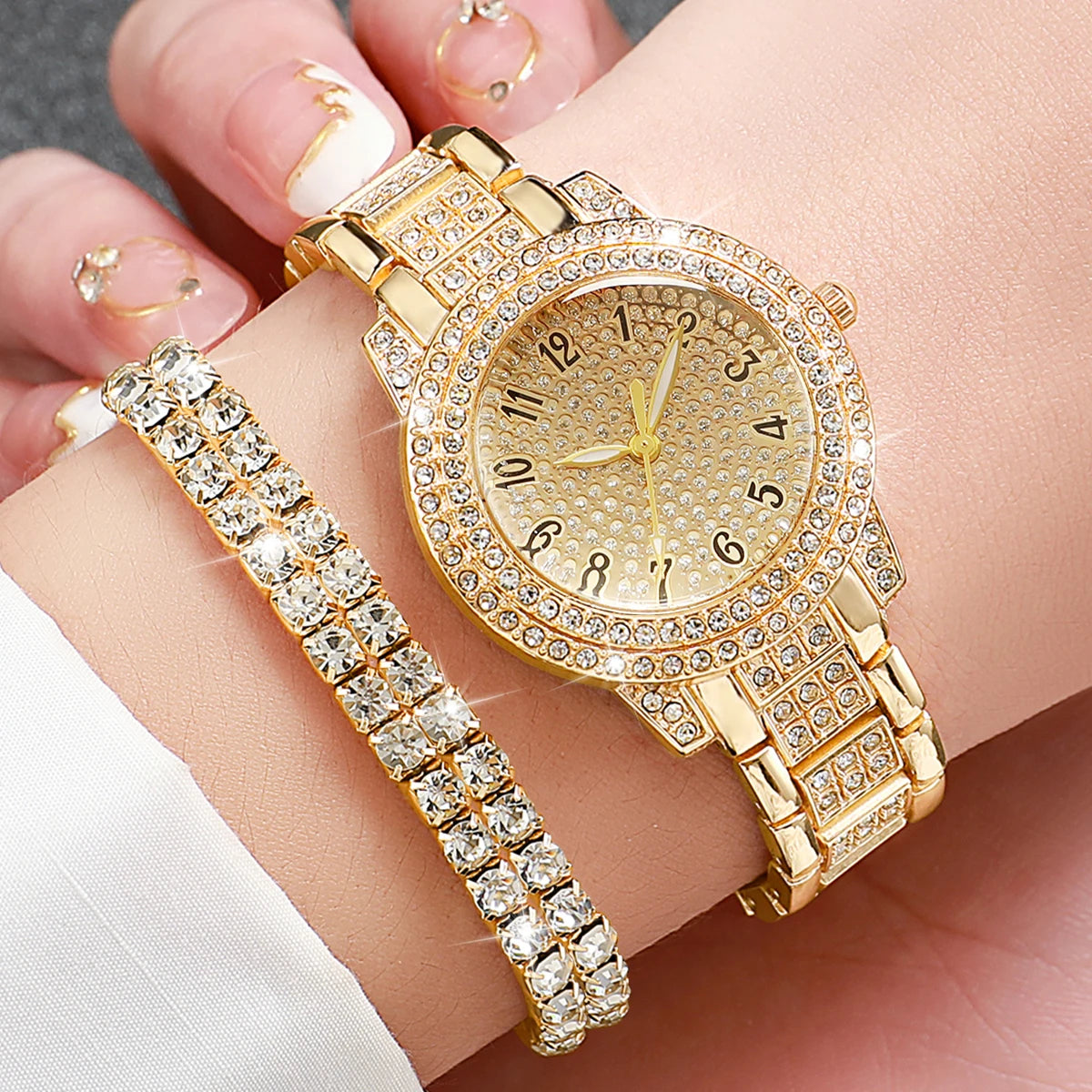 Bella Full Diamond Gold Watch & Jewellery Set – 6PCS Luxury Quartz Set