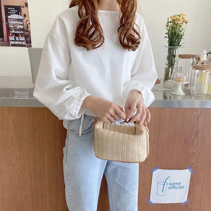 Summer Small Straw Handbag Trendy Shoulder Bag Woven Bucket Crossbody Bag Casual Seaside Beach Bag Gilrs Handle Tote