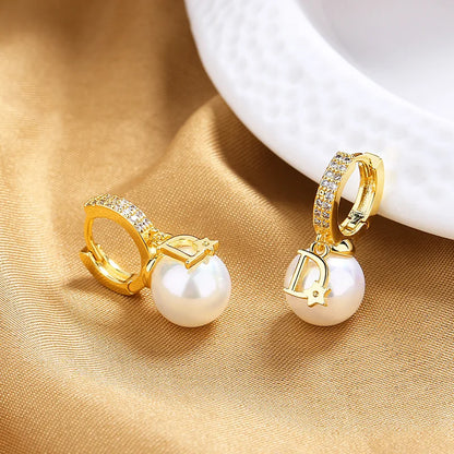 ZAKOL Korean Fashion Pearl Drop Earrings for Women Luxury Elegant Shiny Zircon D-letter Charm Hoop Earring Wedding Jewelry