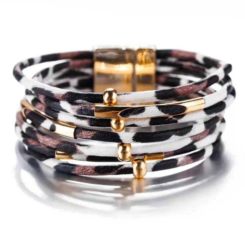 Vintage Metal Tube Leopard Leather Bracelet For Women Men Boho Multilayer Wrap Wide Bracelet Charm Jewelry