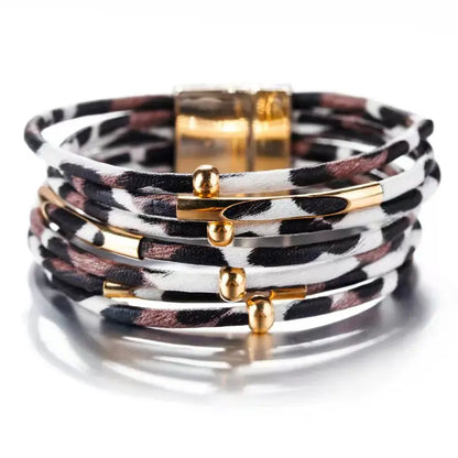 Vintage Metal Tube Leopard Leather Bracelet For Women Men Boho Multilayer Wrap Wide Bracelet Charm Jewelry
