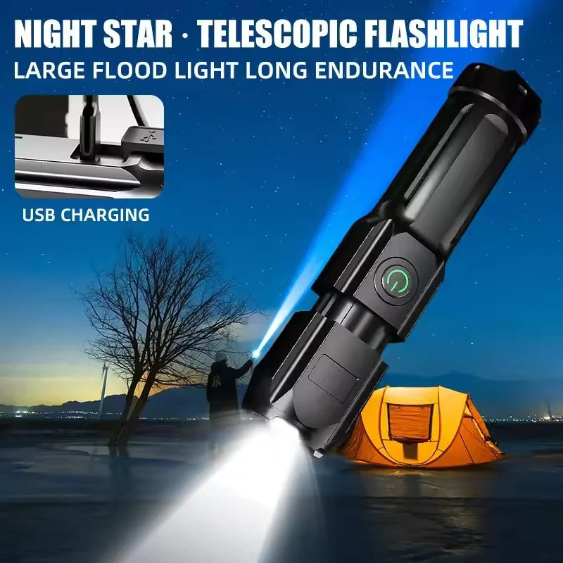 High Power Rechargeable LED Camping Flashlight – USB Zoom Spotlight with Waterproof Design for Outdoor Adventures