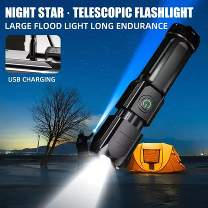 High Power Rechargeable LED Camping Flashlight – USB Zoom Spotlight with Waterproof Design for Outdoor Adventures