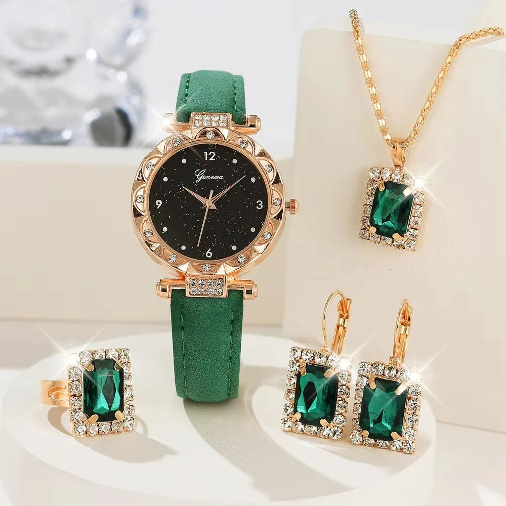 Grace Luxury Rhinestone Watch & Bracelet Set – 5PCS Elegant Quartz Gift Set