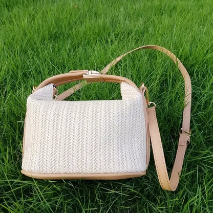 Summer Small Straw Handbag Trendy Shoulder Bag Woven Bucket Crossbody Bag Casual Seaside Beach Bag Gilrs Handle Tote