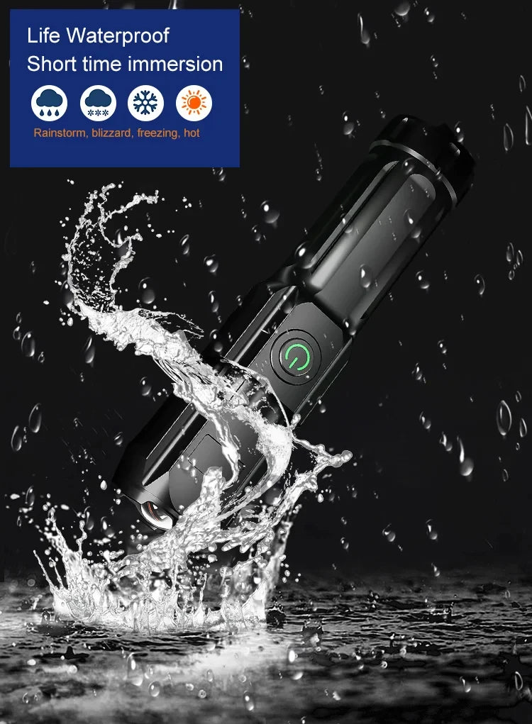 High Power Rechargeable LED Camping Flashlight – USB Zoom Spotlight with Waterproof Design for Outdoor Adventures
