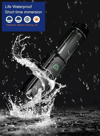 High Power Rechargeable LED Camping Flashlight – USB Zoom Spotlight with Waterproof Design for Outdoor Adventures