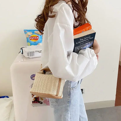 Summer Small Straw Handbag Trendy Shoulder Bag Woven Bucket Crossbody Bag Casual Seaside Beach Bag Gilrs Handle Tote