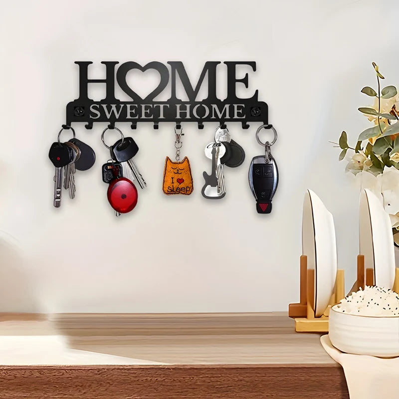 Black Metal Wall Key Holder – “Sweet Home” Decorative Key Rack with Hooks 10 Hooks