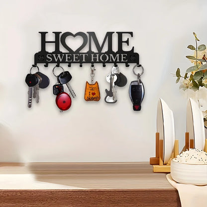 Black Metal Wall Key Holder – “Sweet Home” Decorative Key Rack with Hooks 10 Hooks