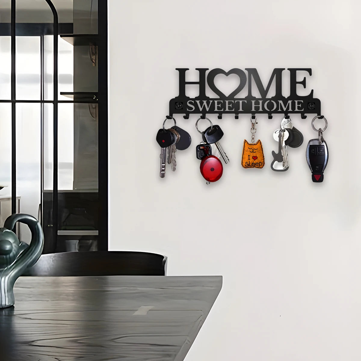 Black Metal Wall Key Holder – “Sweet Home” Decorative Key Rack with Hooks 10 Hooks
