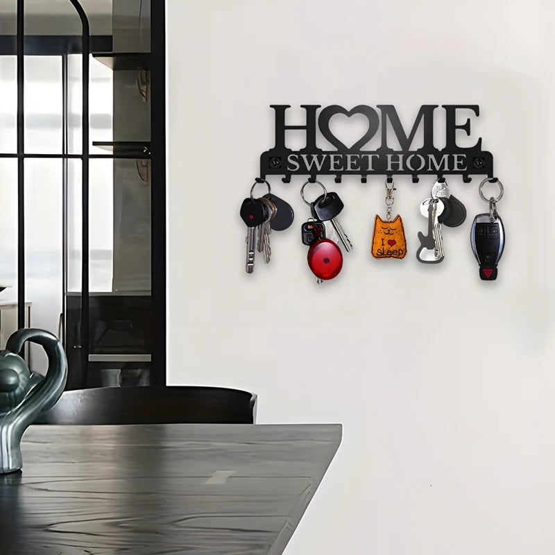 Black Metal Wall Key Holder – “Sweet Home” Decorative Key Rack with Hooks 10 Hooks