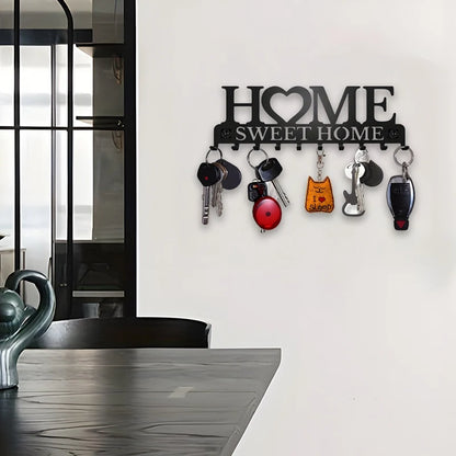Black Metal Wall Key Holder – “Sweet Home” Decorative Key Rack with Hooks 10 Hooks