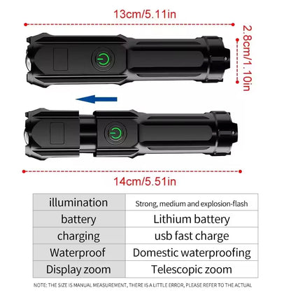 High Power Rechargeable LED Camping Flashlight – USB Zoom Spotlight with Waterproof Design for Outdoor Adventures