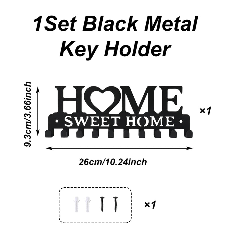 Black Metal Wall Key Holder – “Sweet Home” Decorative Key Rack with Hooks 10 Hooks