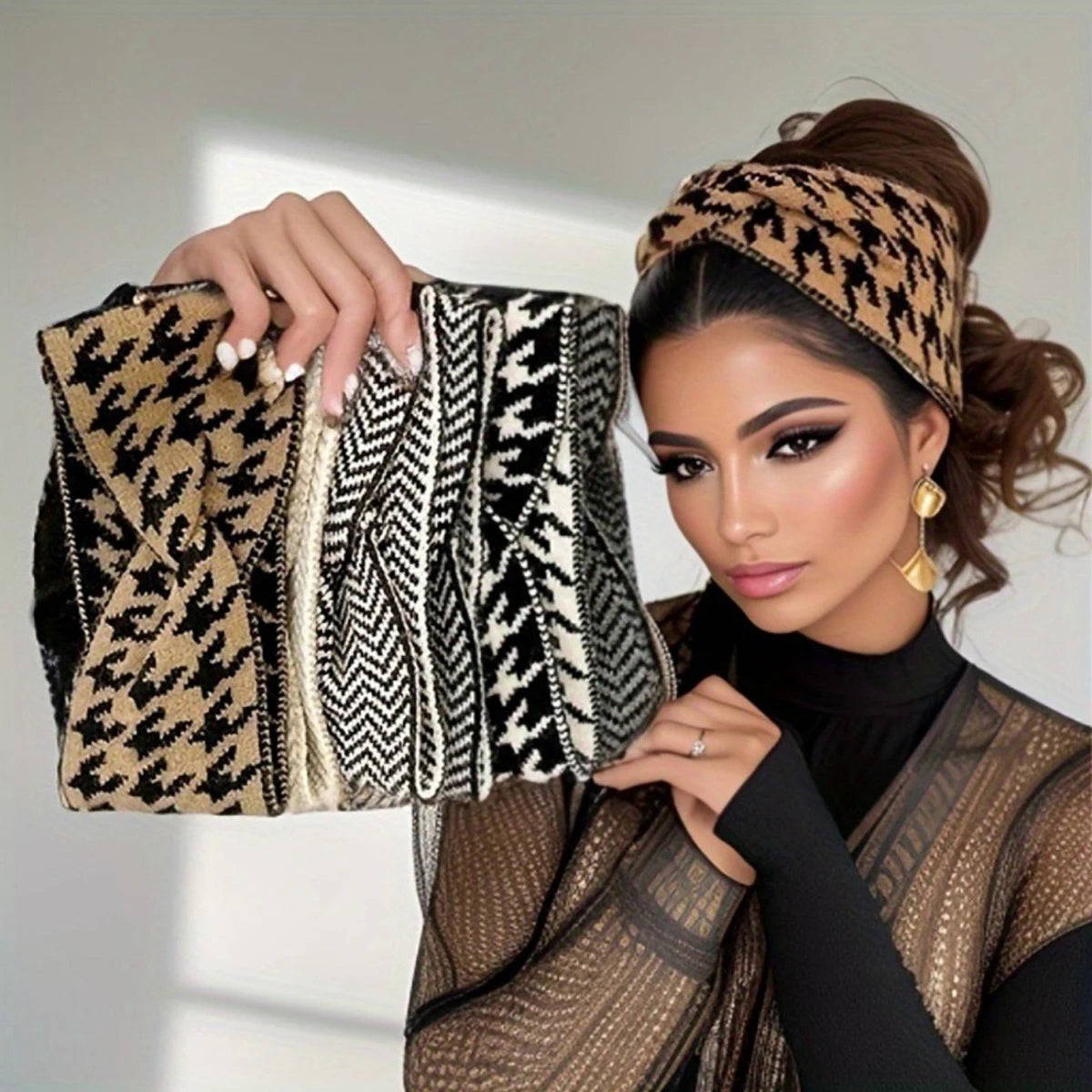 5PCS/3PCS Set Knitted Thousand Bird Fashion Women's Headbands Retro Warm High Elasticity Hairband Hair Accessoires