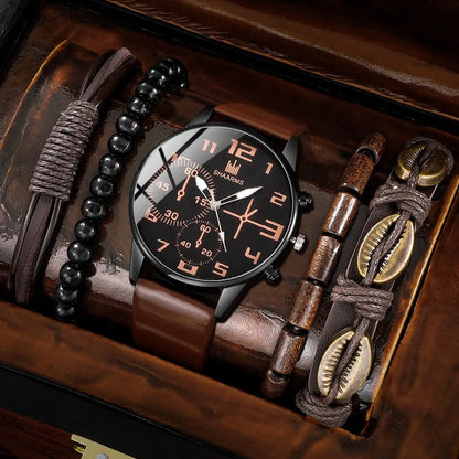 Men’s Fashion Watch & Bracelet Set – 5PCS Retro Quartz Leather Wristwatch
