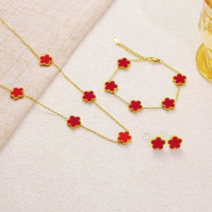 3-Piece Set of Plum Blossom Five-Leaf Flower Necklace Bracelet Women's Gift Jewelry Set for Parties