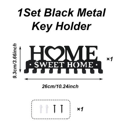 Black Metal Wall Key Holder – “Sweet Home” Decorative Key Rack with Hooks 10 Hooks