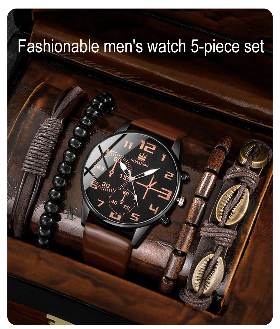 Men’s Fashion Watch & Bracelet Set – 5PCS Retro Quartz Leather Wristwatch