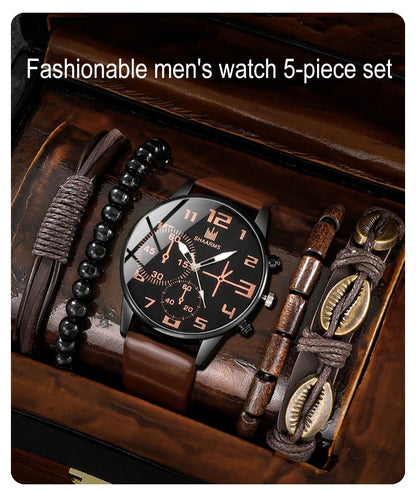 Men’s Fashion Watch & Bracelet Set – 5PCS Retro Quartz Leather Wristwatch