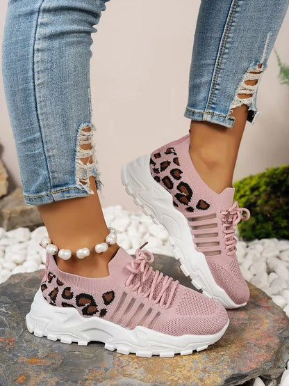 Leopard Print Lightweight Breathable Sneakers for Women – Casual Comfort Walking Shoes