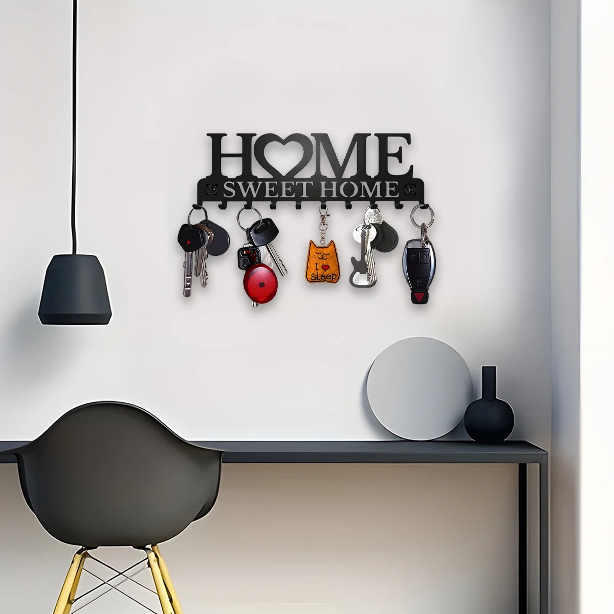 Black Metal Wall Key Holder – “Sweet Home” Decorative Key Rack with Hooks 10 Hooks