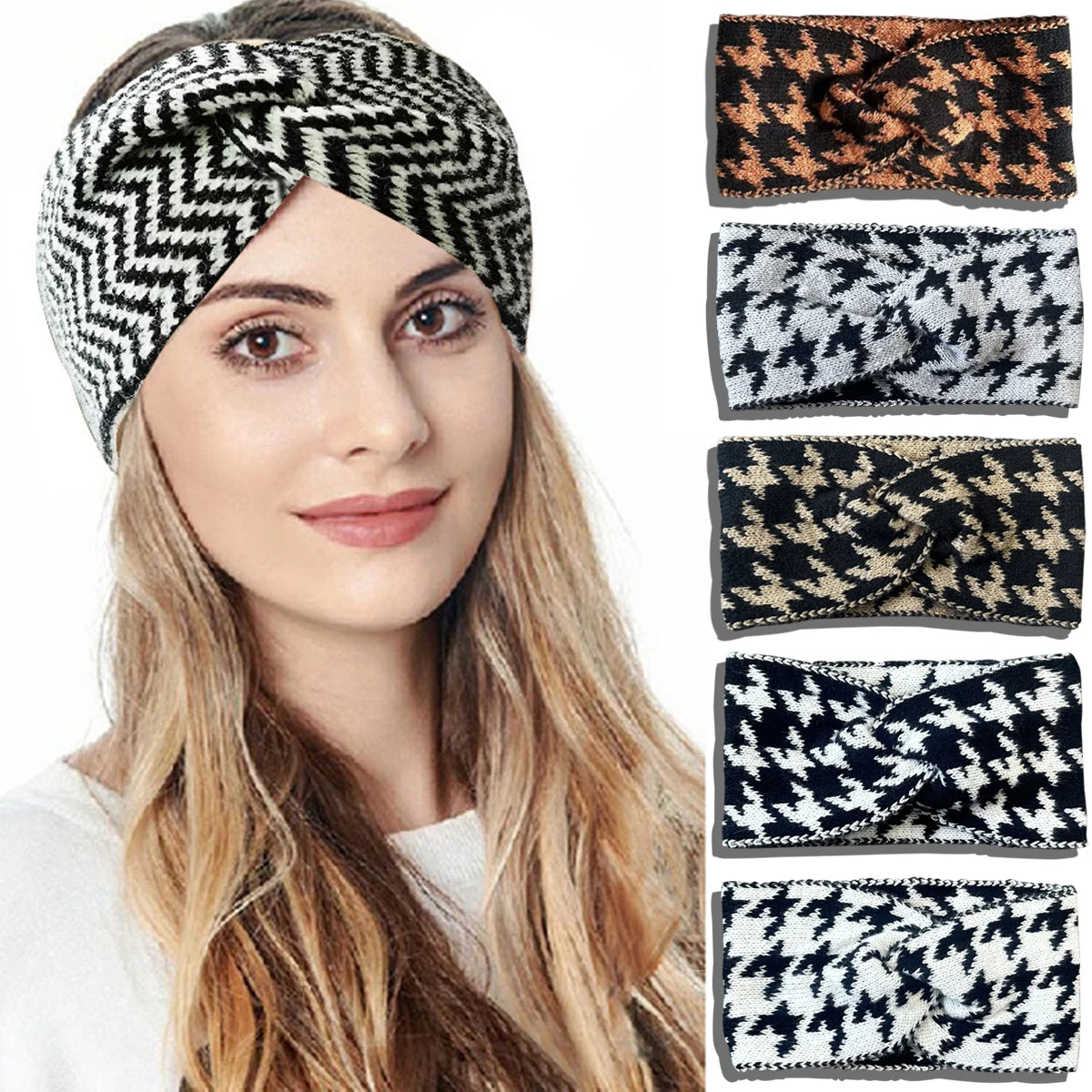 5PCS/3PCS Set Knitted Thousand Bird Fashion Women's Headbands Retro Warm High Elasticity Hairband Hair Accessoires