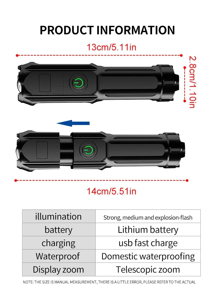 High Power Rechargeable LED Camping Flashlight – USB Zoom Spotlight with Waterproof Design for Outdoor Adventures