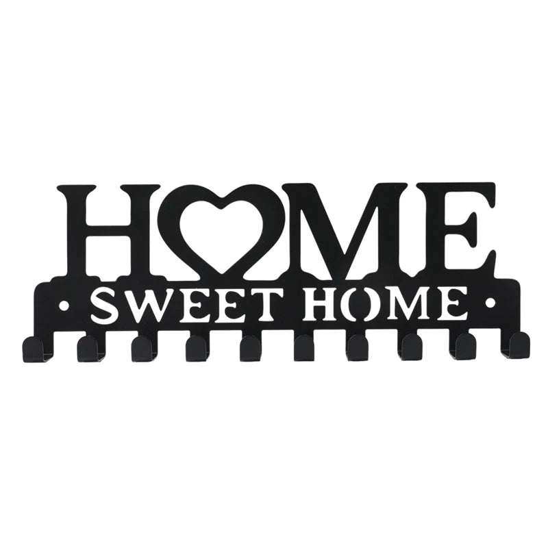 Black Metal Wall Key Holder – “Sweet Home” Decorative Key Rack with Hooks 10 Hooks