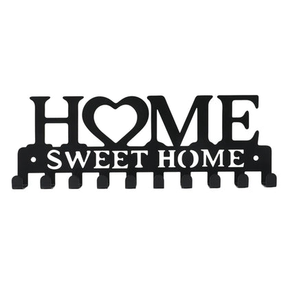 Black Metal Wall Key Holder – “Sweet Home” Decorative Key Rack with Hooks 10 Hooks