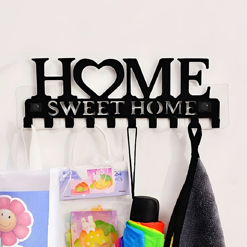 Black Metal Wall Key Holder – “Sweet Home” Decorative Key Rack with Hooks 10 Hooks