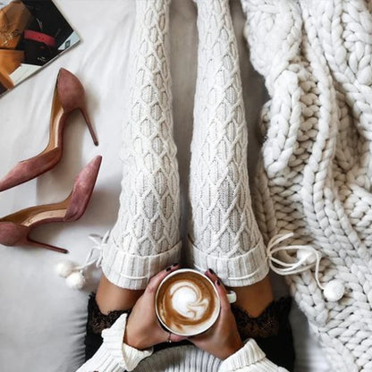 BowWarm™ Wool Pile-Up Socks – Thick Winter Stockings with Bow & Wool Ball Detail