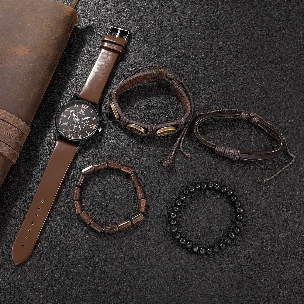 Men’s Fashion Watch & Bracelet Set – 5PCS Retro Quartz Leather Wristwatch