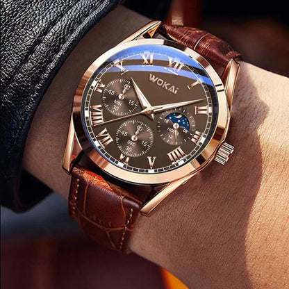 LuxeTime Men’s Business Quartz Watch – Roman Numeral Leather Calendar Wristwatch