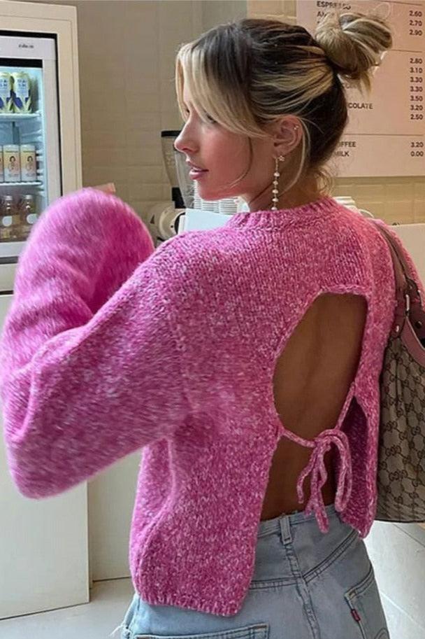 Serena 👚 Open-Back Tie Knit Sweater — Cropped Long Sleeve Statement Top