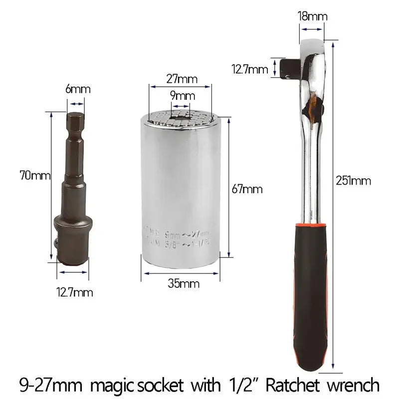 🔧 Universal Ratchet Wrench with Adjustable Socket Head (7–19mm / 11–32mm)