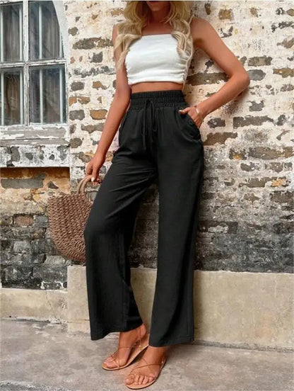 👖 High-Waist Elastic Straight-Leg Pants — Summer Loose Fit Casual Trousers