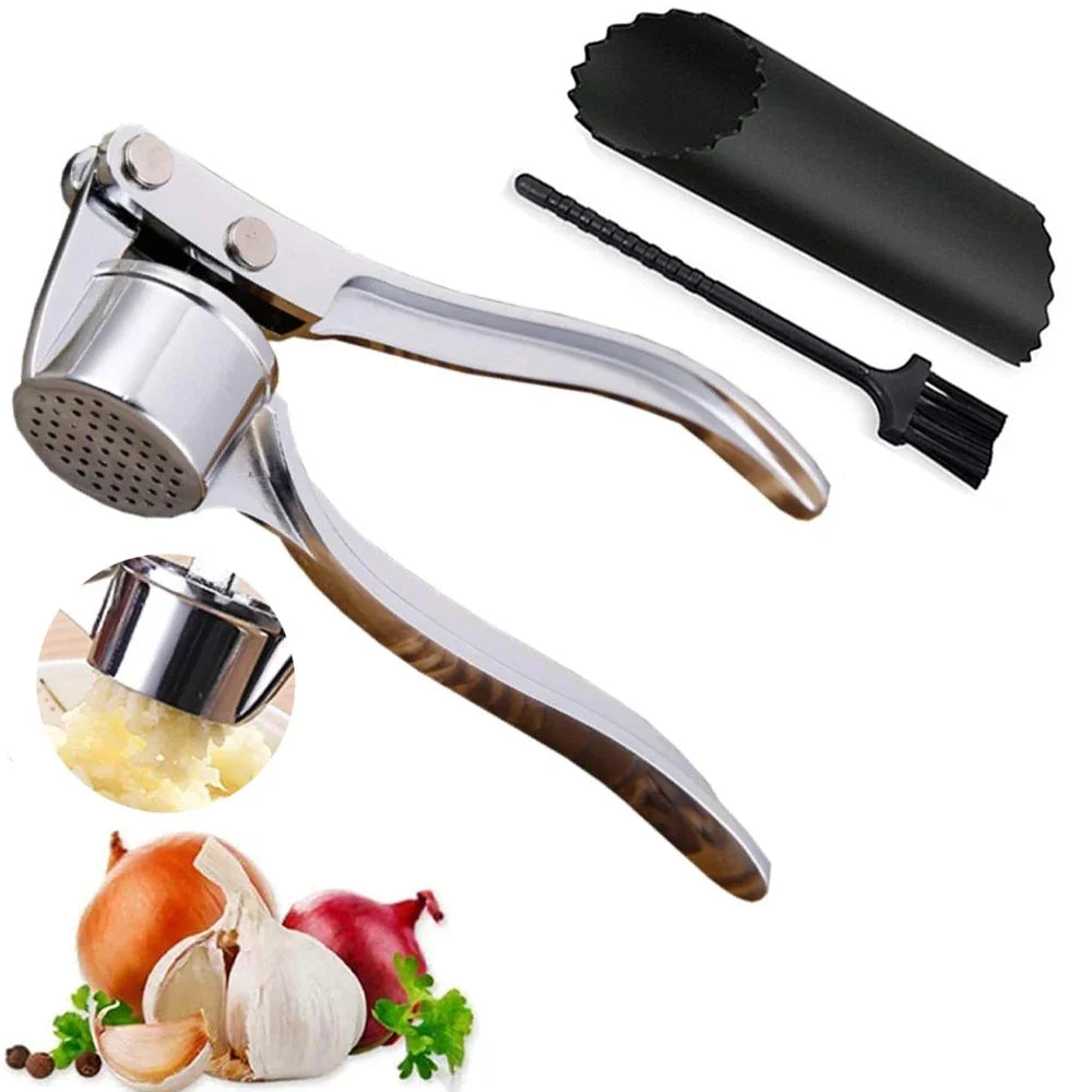 Stainless Steel Garlic Press Set – Garlic Mincer, Peeler & Cleaning Brush Kitchen Tool