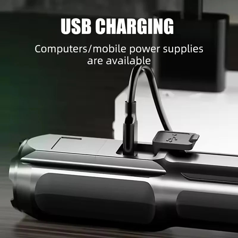 High Power Rechargeable LED Camping Flashlight – USB Zoom Spotlight with Waterproof Design for Outdoor Adventures
