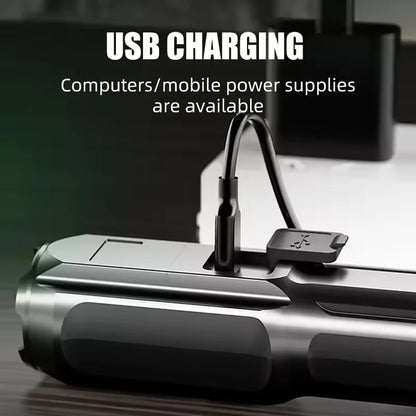 High Power Rechargeable LED Camping Flashlight – USB Zoom Spotlight with Waterproof Design for Outdoor Adventures