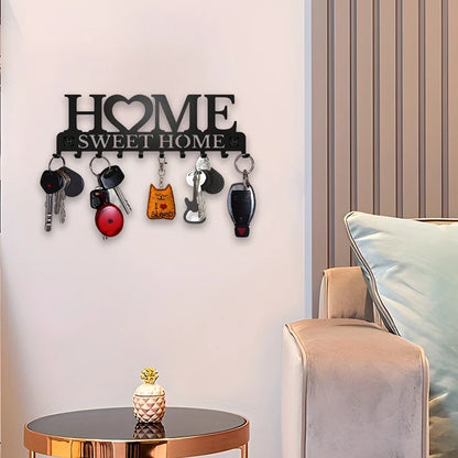 Black Metal Wall Key Holder – “Sweet Home” Decorative Key Rack with Hooks 10 Hooks