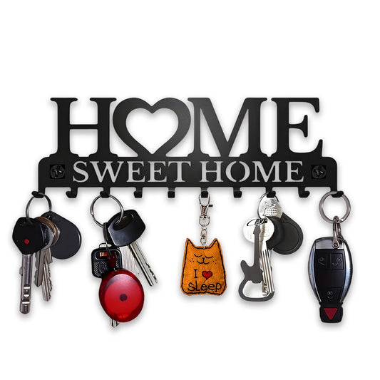 Black Metal Wall Key Holder – “Sweet Home” Decorative Key Rack with Hooks 10 Hooks