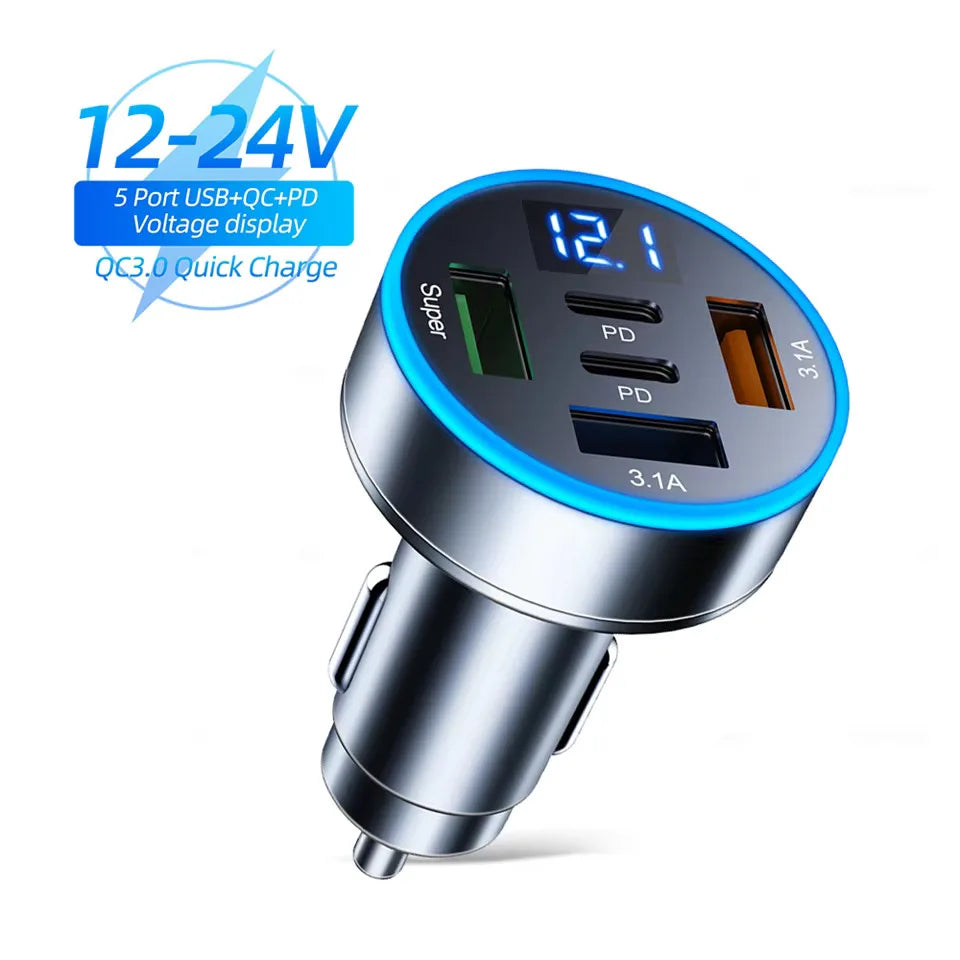 Car Charger 250W 5 Ports Fast Charging PD QC3.0 USB C Car Phone Charger Adapter With Voltage For iPhone Samsung Huawei Xiaomi