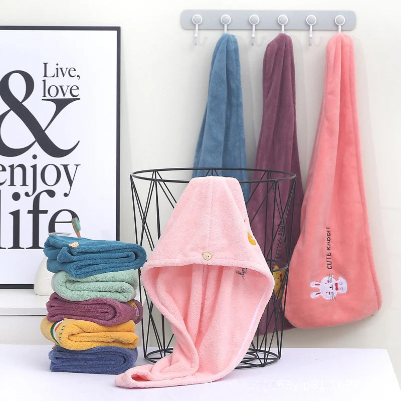 Embroidered Coral Fleece Hair Drying Cap – Quick Dry Absorbent Shower Towel for Women