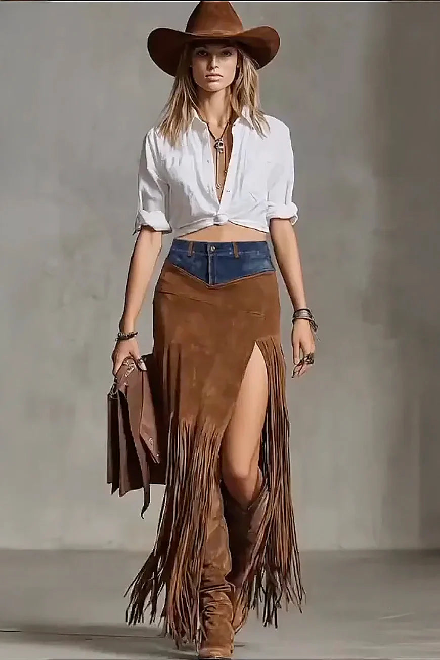 Woman wearing a white blouse, brown fringed skirt, and cowboy hat against a neutral background