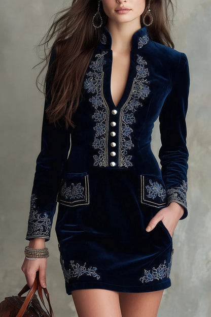 Vintage Embroidered Faux Suede Shirt Dress – Long Sleeve Belted Maxi Dress
