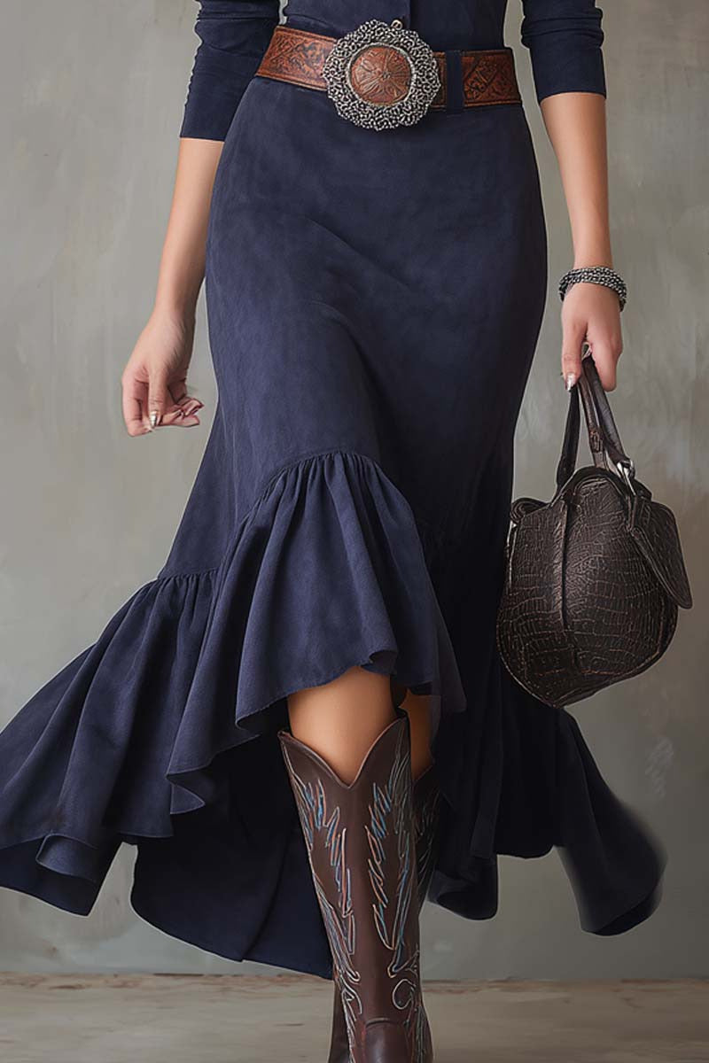 Astrid Vintage Navy Blue Stand-Up Collar Maxi Dress