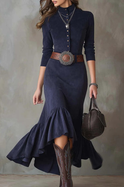 Astrid Vintage Navy Blue Stand-Up Collar Maxi Dress